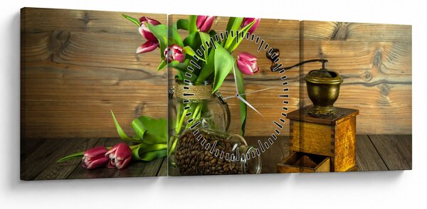 Obraz - tulipany, młynek i kawa (z zegarem) (90x30 cm)