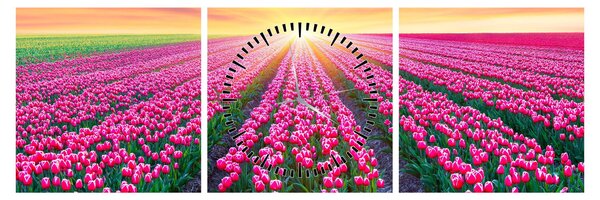 Obraz pole tulipanów ze słońcem (z zegarem) (90x30 cm)