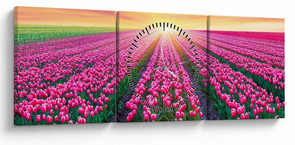 Obraz pole tulipanów ze słońcem (z zegarem) (90x30 cm)