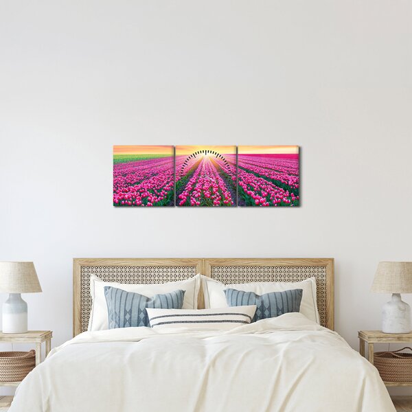 Obraz pole tulipanów ze słońcem (z zegarem) (90x30 cm)