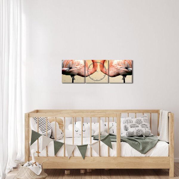 Obraz - dwa flamingi (z zegarem) (90x30 cm)