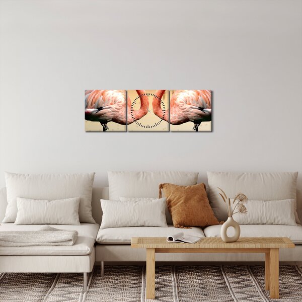 Obraz - dwa flamingi (z zegarem) (90x30 cm)