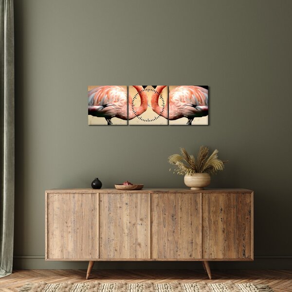 Obraz - dwa flamingi (z zegarem) (90x30 cm)
