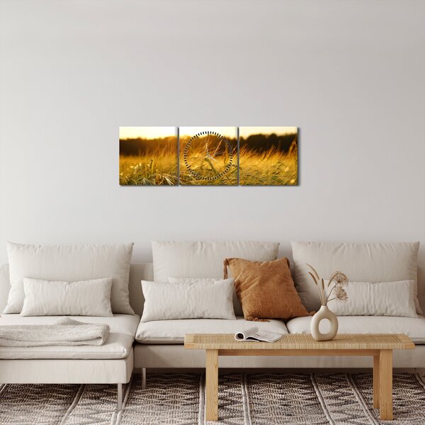 Obraz zroszonej trawy (z zegarem) (90x30 cm)