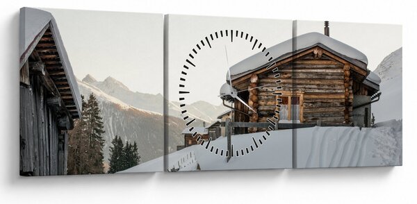 Obraz - chata górska w śniegu (z zegarem) (90x30 cm)
