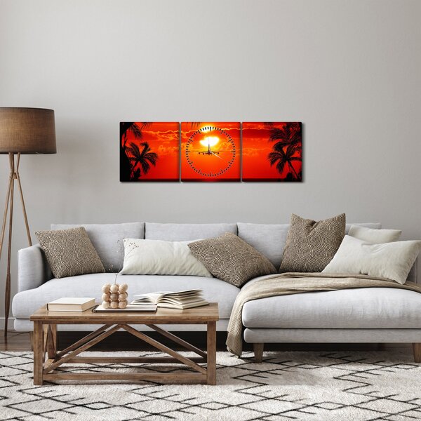 Obraz - zachód słońca z samolotem (z zegarem) (90x30 cm)