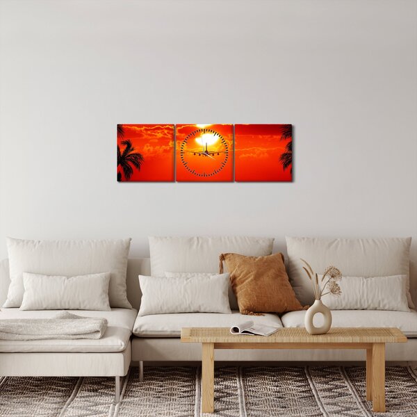 Obraz - zachód słońca z samolotem (z zegarem) (90x30 cm)