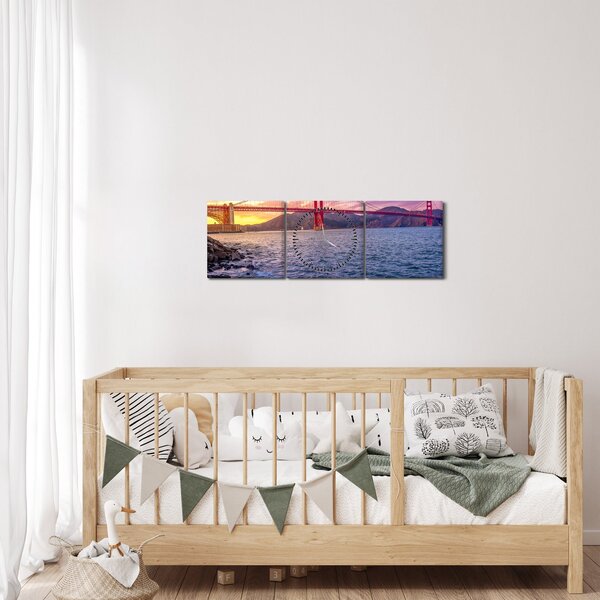 Obraz mostu z zachodem słońca (z zegarem) (90x30 cm)