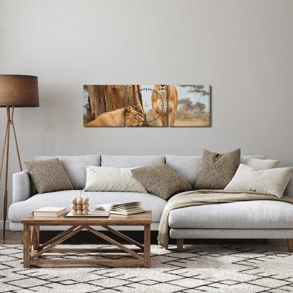 Obraz - dwie lwice (z zegarem) (90x30 cm)