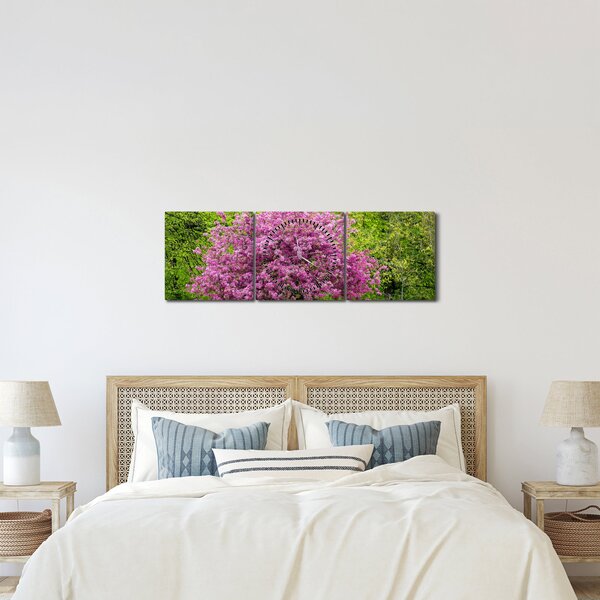 Obraz kwitnącego drzewa na łące (z zegarem) (90x30 cm)