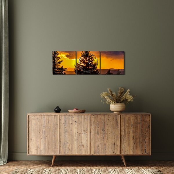 Obraz - drzewa iglaste (z zegarem) (90x30 cm)