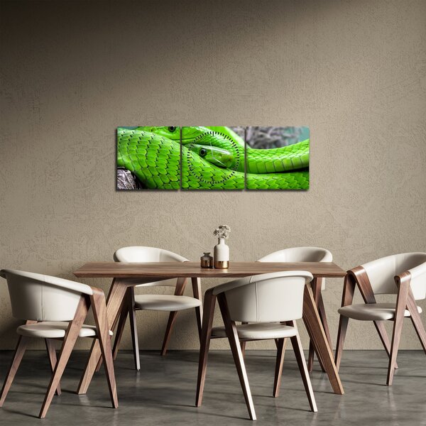 Obraz zielonych węży (z zegarem) (90x30 cm)