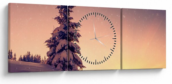 Obraz ośnieżonego drzewa na łące (z zegarem) (90x30 cm)