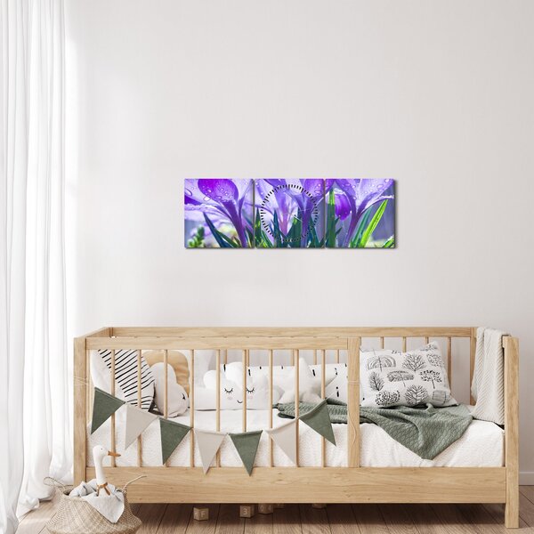 Obraz kwiatów w deszczu (z zegarem) (90x30 cm)