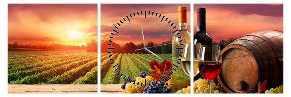 Obraz winnicy z winem (z zegarem) (90x30 cm)