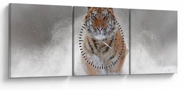 Obraz tygrysa biegnącego po śniegu (z zegarem) (90x30 cm)