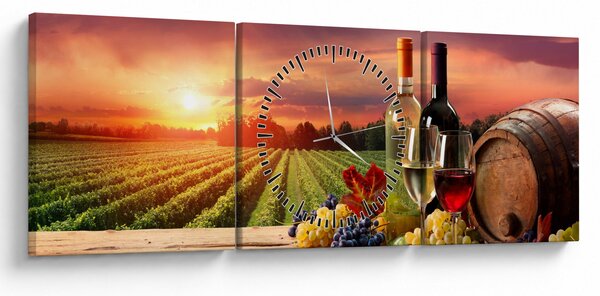 Obraz winnicy z winem (z zegarem) (90x30 cm)