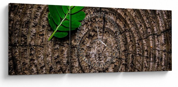 Obraz liścia na pniu drzewa (z zegarem) (90x30 cm)