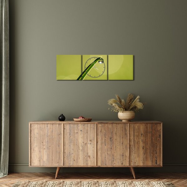 Obraz kropli wody na trawie (z zegarem) (90x30 cm)