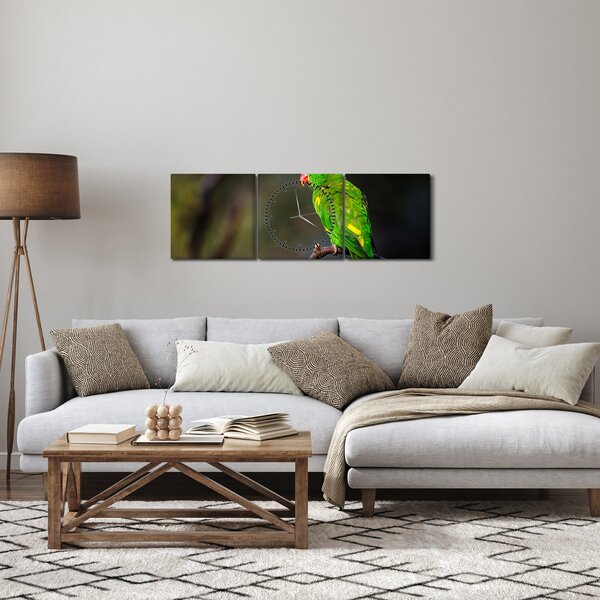 Obraz papugi na gałęzi (z zegarem) (90x30 cm)