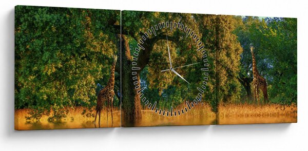 Obraz żyraf w naturze (z zegarem) (90x30 cm)