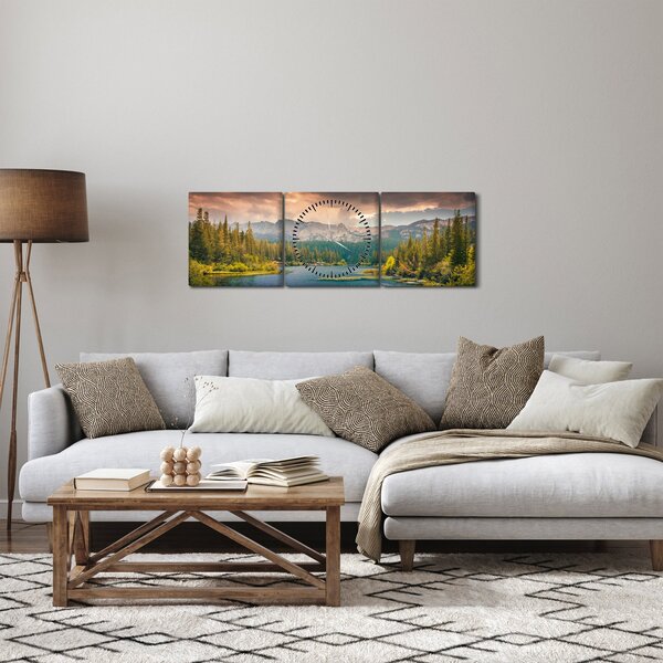 Obraz górskiej rzeki i gór (z zegarem) (90x30 cm)