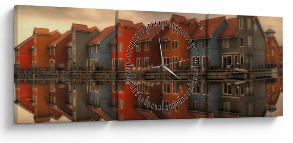 Obraz kolorowych domów (z zegarem) (90x30 cm)