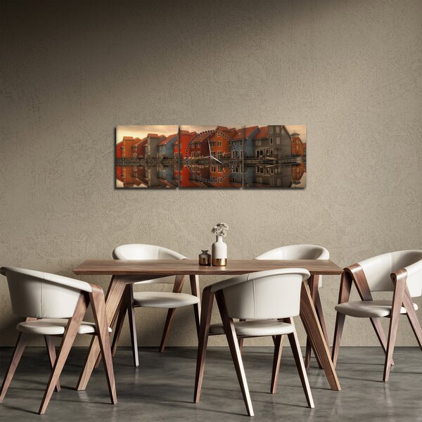 Obraz kolorowych domów (z zegarem) (90x30 cm)