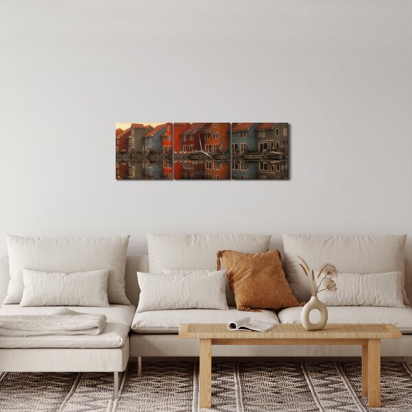 Obraz kolorowych domów (z zegarem) (90x30 cm)