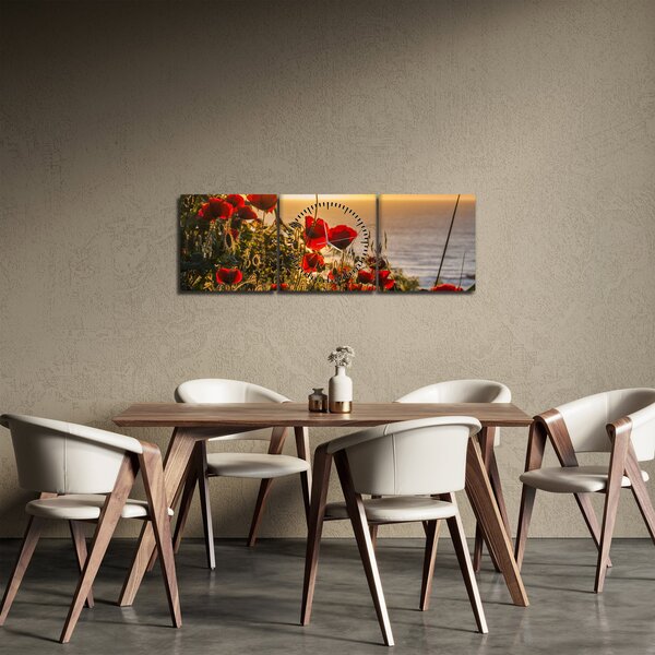 Obraz zachodu słońca z makami (z zegarem) (90x30 cm)