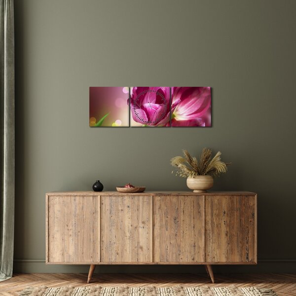 Obraz różowych tulipanów (z zegarem) (90x30 cm)