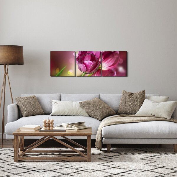 Obraz różowych tulipanów (z zegarem) (90x30 cm)