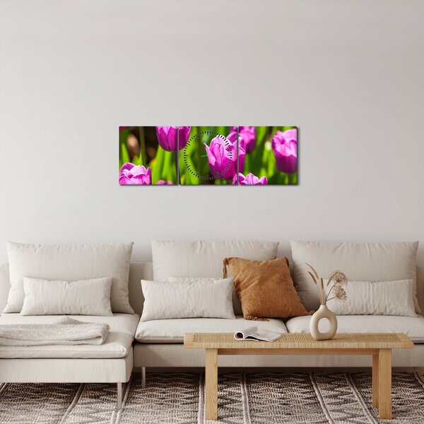 Obraz tulipanów na łące (z zegarem) (90x30 cm)