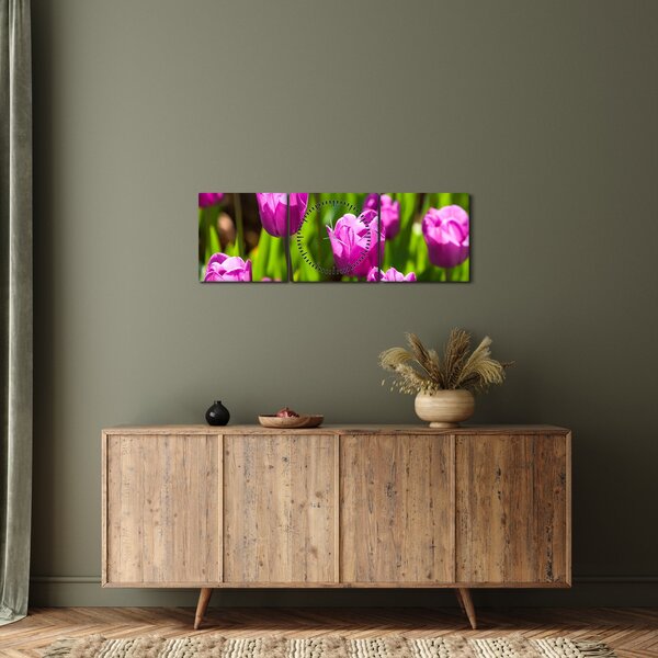 Obraz tulipanów na łące (z zegarem) (90x30 cm)
