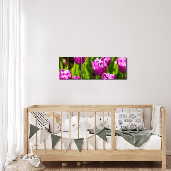Obraz tulipanów na łące (z zegarem) (90x30 cm)