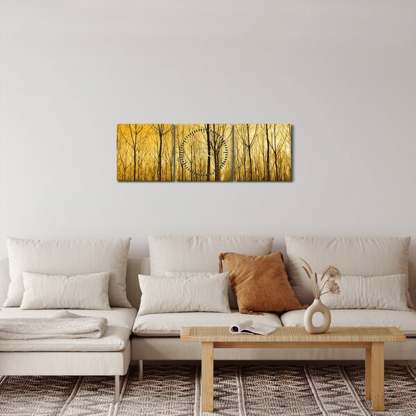 Obraz lasu o zachodzie słońca (z zegarem) (90x30 cm)
