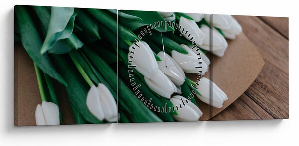 Obraz bukietu białych tulipanów (z zegarem) (90x30 cm)