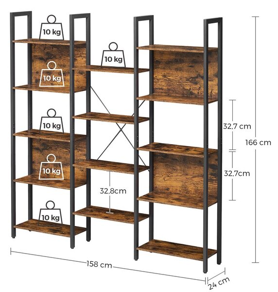 Duży regał półkowy NOEL, 158x24x166 cm, czarny/brązowy