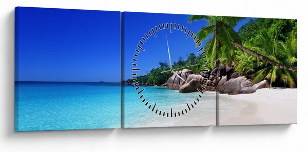 Obraz plaży na wyspie Praslin (z zegarem) (90x30 cm)