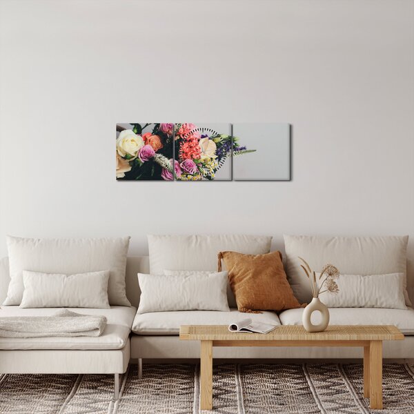 Obraz kosza z kwiatami (z zegarem) (90x30 cm)