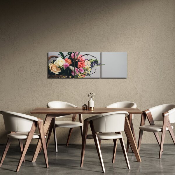 Obraz kosza z kwiatami (z zegarem) (90x30 cm)