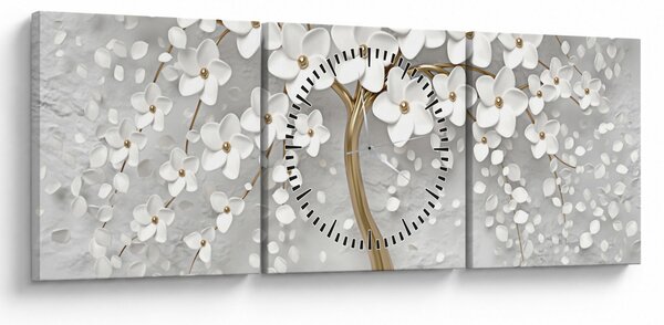 Obraz białego drzewa z kwiatami (z zegarem) (90x30 cm)