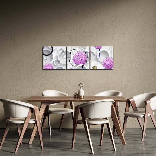 Obraz abstrakcji 3D z kołami i kwiatami (z zegarem) (90x30 cm)