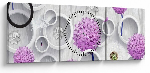 Obraz abstrakcji 3D z kołami i kwiatami (z zegarem) (90x30 cm)