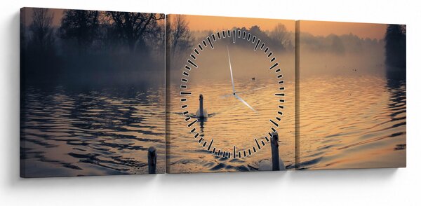Obraz łabędzi na wodzie we mgle (z zegarem) (90x30 cm)