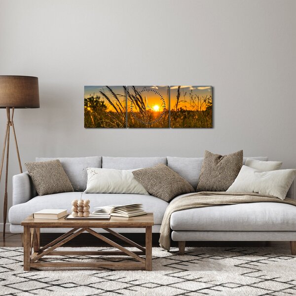 Obraz pola o zachodzie słońca (z zegarem) (90x30 cm)