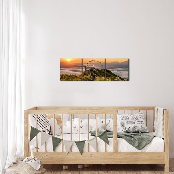 Obraz góry o zachodzie słońca (z zegarem) (90x30 cm)