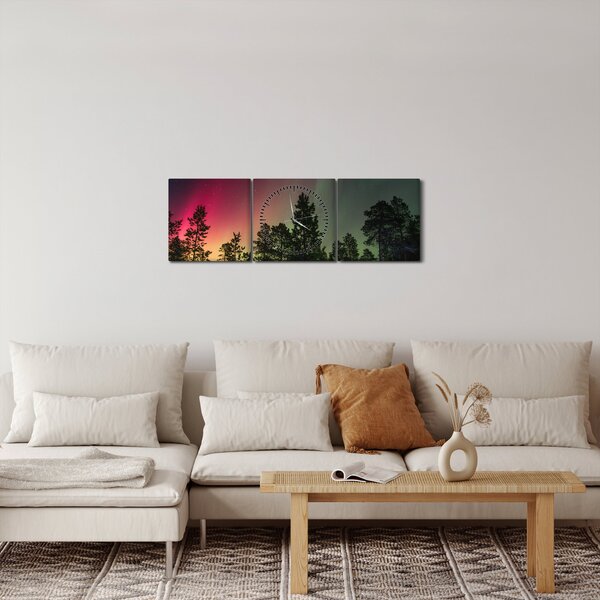 Obraz zorzy polarnej (z zegarem) (90x30 cm)