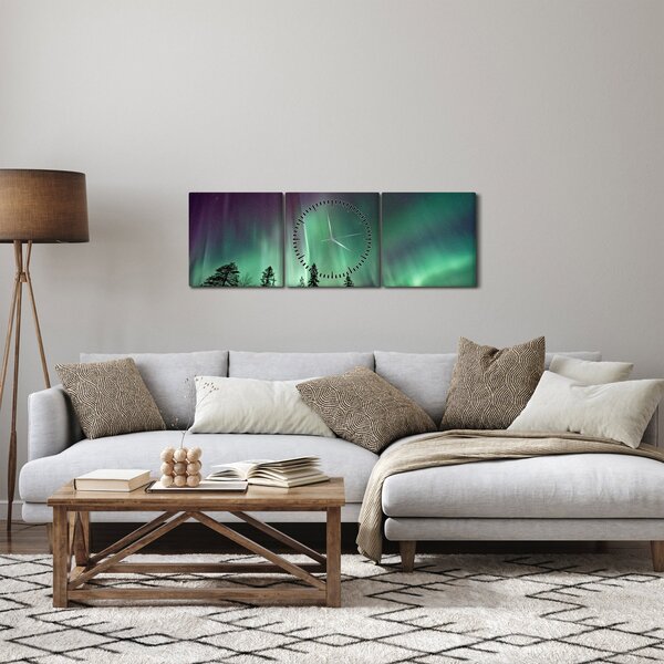 Obraz zorzy polarnej (z zegarem) (90x30 cm)