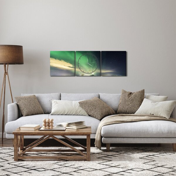 Obraz zorzy polarnej (z zegarem) (90x30 cm)